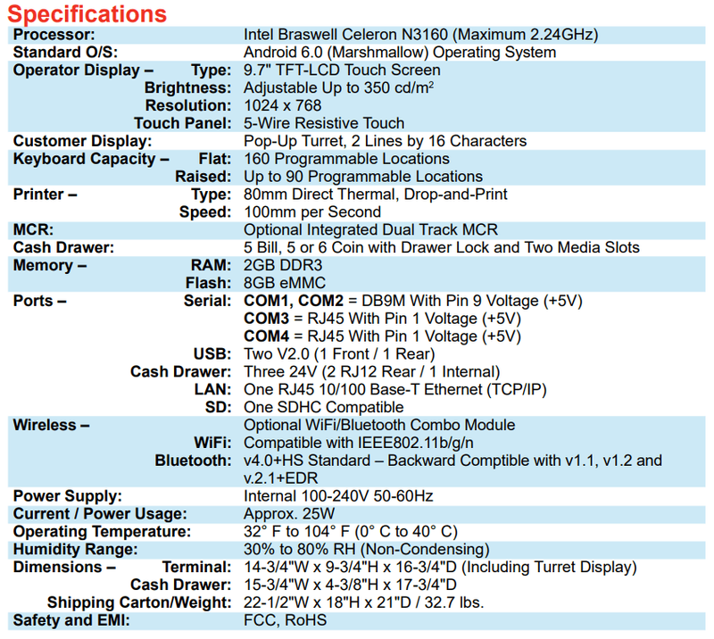 specifications of the SAM4s SAP-630F